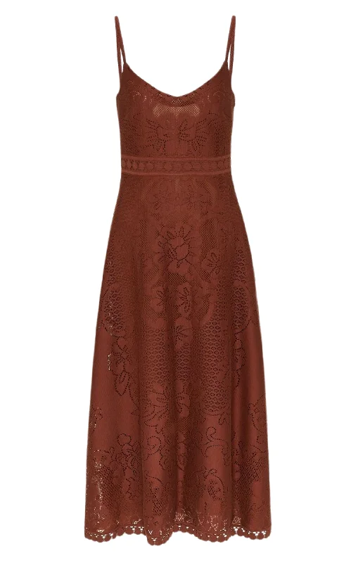 Strapless Cotton Lace Brown Midi Dress Lace Bridesmaid Gown