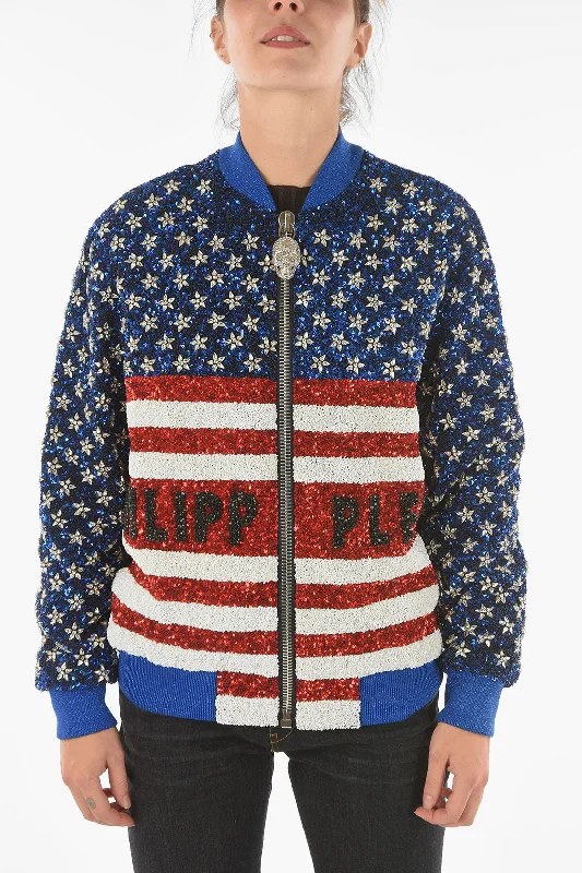 Philipp Plein COUTURE All-Over Sequine and Crystal AMERICA Bomber Jacket Women's Columbia jackets