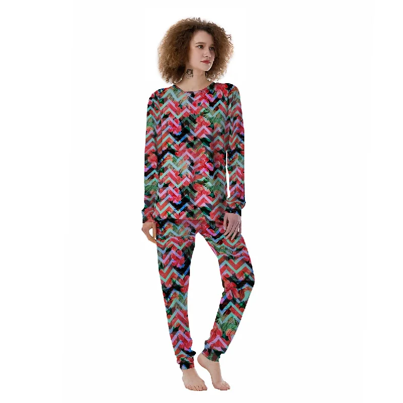 Chevron Red Hibiscus Print Pattern Women's Pajamas Jogger pajama sets