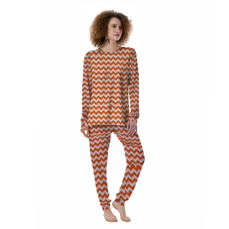 Chevron White And Orange Print Pattern Women's Pajamas Hoodie pajama sets