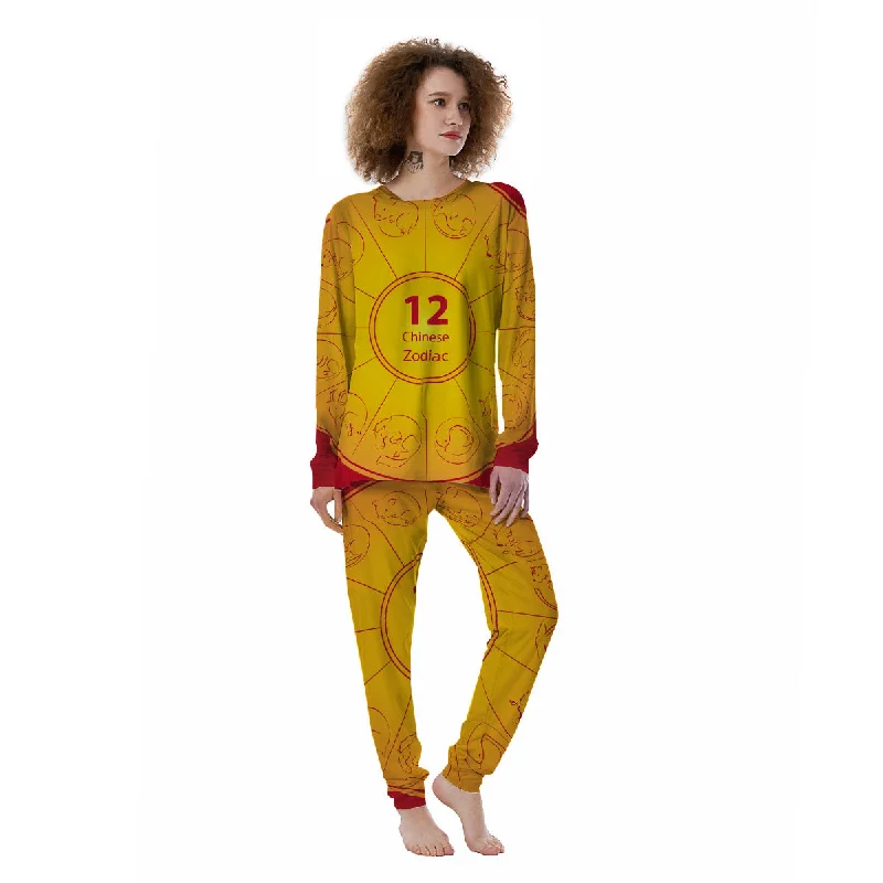 Chinese Zodiac Yellow And Red Print Women's Pajamas Cooling pajama sets