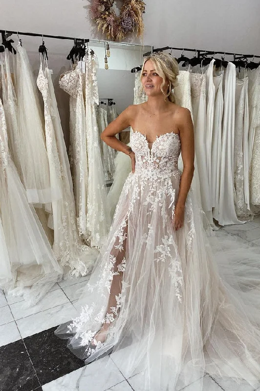 Charming Sweetheart Lace Tulle Wedding Dresses with Slit Romantic Satin Dress