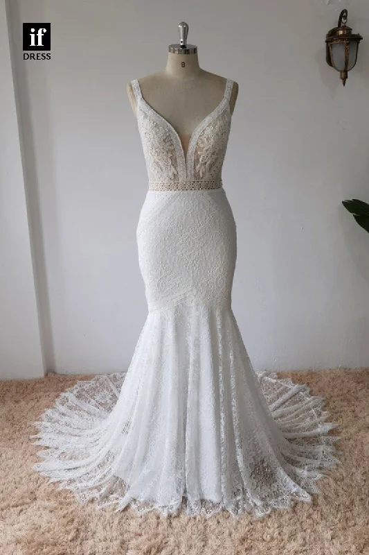 30577 - Plunging V-Neck Lace Mermaid Wedding Gown Tiered Wedding Dress