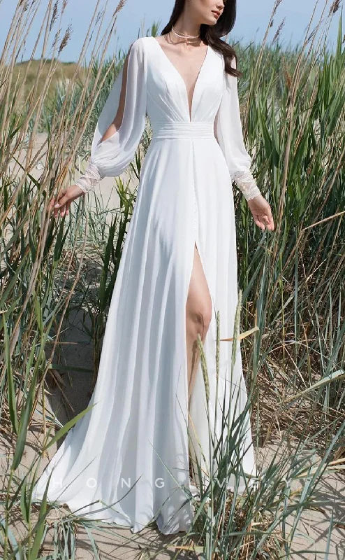 H1528 - Sexy Satin A-Line V-Neck Long Sleeve Empire Ruched Appliques With Side Slit Wedding Dress Strapless Wedding Gown