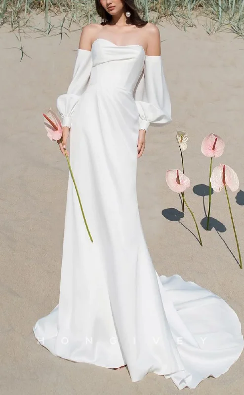 H1529 - Sexy Satin Trumpet Sweetheart Long Sleeves Empire Beaded Ruched With Train Wedding Dress Elegant Bridal Gown