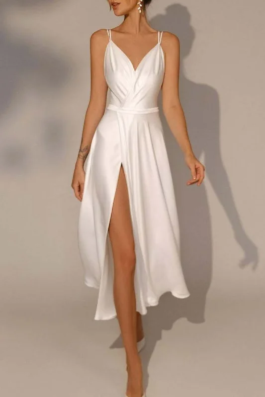 K1333 - V-Neck Spaghetti Straps Ruched Satin A-Line Midi Wedding Dress Romantic Lace Dress