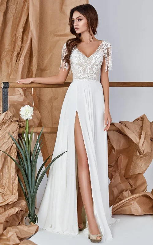 Elegant A-Line Lace Chiffon V-neck Wedding Dress with Split Front and Appliques-716462 Sleeveless Bridal Gown