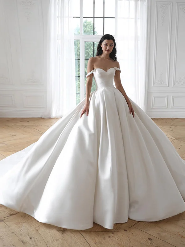 Elegant Off the Shoulder A-line White Satin Wedding Dresses, WD0535 Princess Wedding Dress