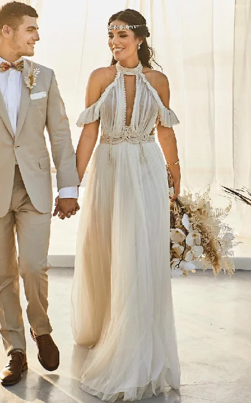 Grecian A-Line Off-the-shoulder Tulle Wedding Dress With Halter Neckline And Sash-716605 Simple Wedding Gown