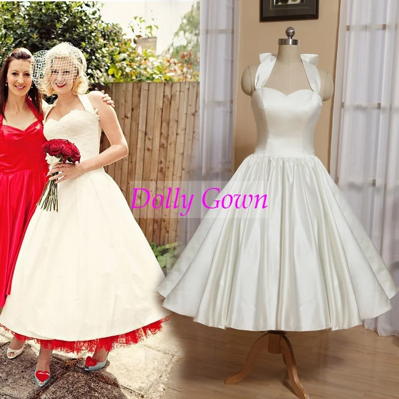 Halter neck Rockabilly tea length wedding dress | 1950s Pinup Wedding Gown Beaded Bridal Gown