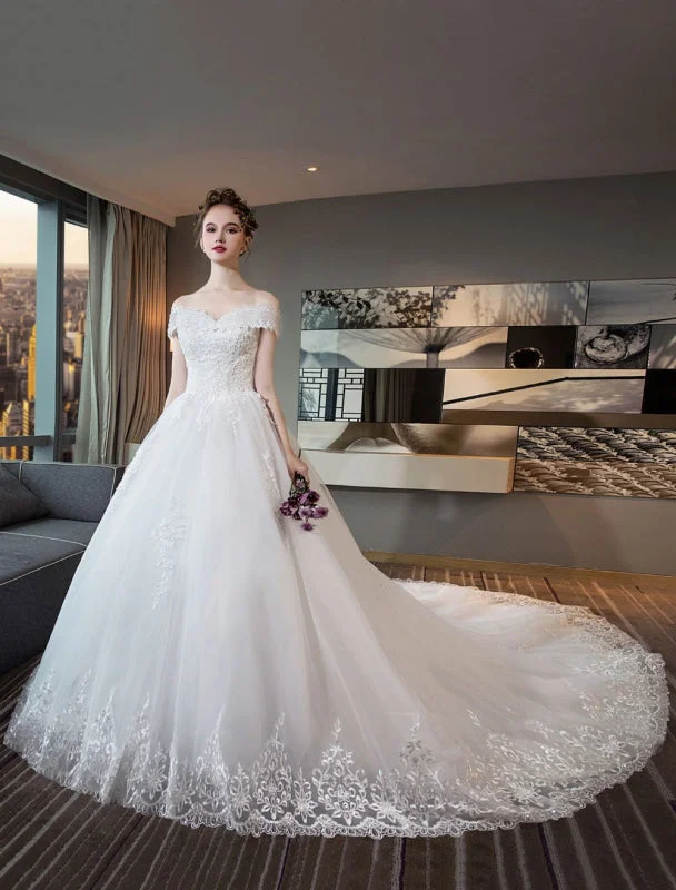 Ivory Wedding Dresses Off The Shoulder Lace Beading Cathedral Train Bridal Dress Modern Wedding Gown