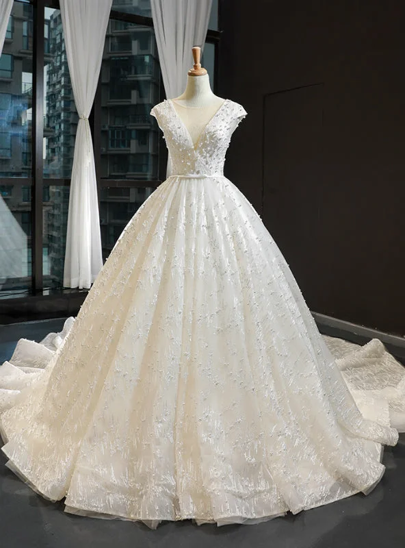 Ivory White Ball Gown Tulle Appliques Backless Cap Sleeve Luxury Wedding Dress With Pearls Mermaid Lace Gown