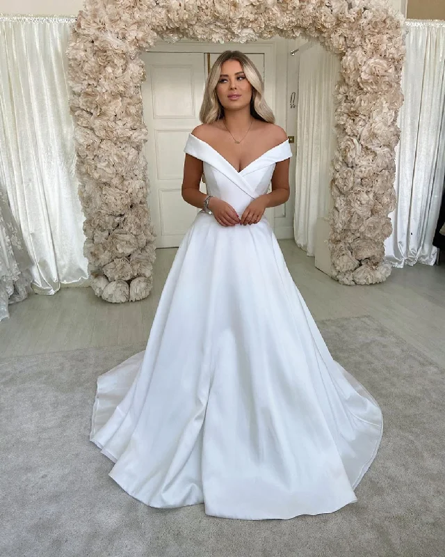 Long Off-the-Shoulder Sweetheart Backless A-Line Wedding Dress with Satin Floral Bridal Gown