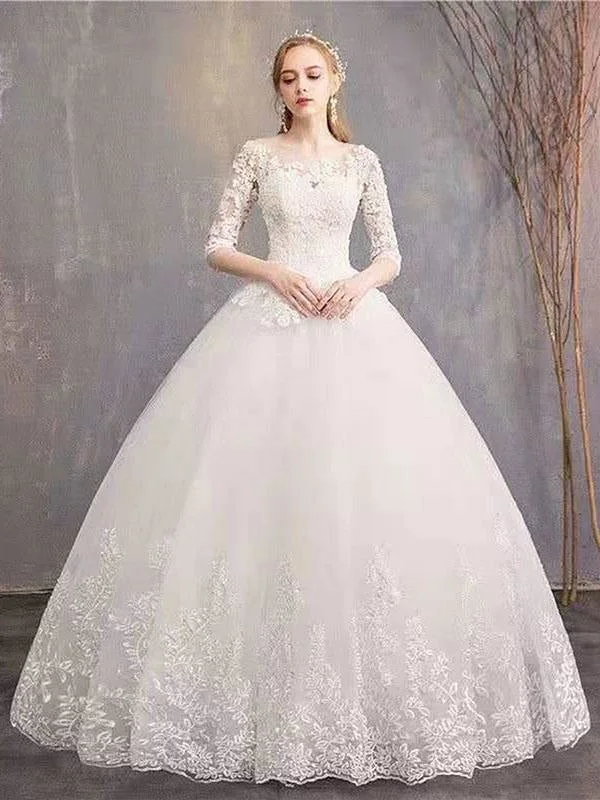 New Cheap Wedding Dresses Eric White Jewel Neck Half-Sleeve Soft Tulle Lace Up Floor Length Bride Dresses Lace Wedding Gown