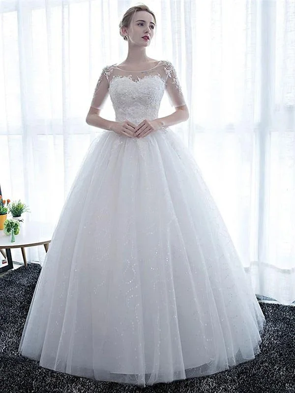 New Cheap Wedding Dresses Eric White Off The Shoulder Short Sleeves Soft Tulle Lace Up Floor Length Bride Dresses Vintage Style Dress