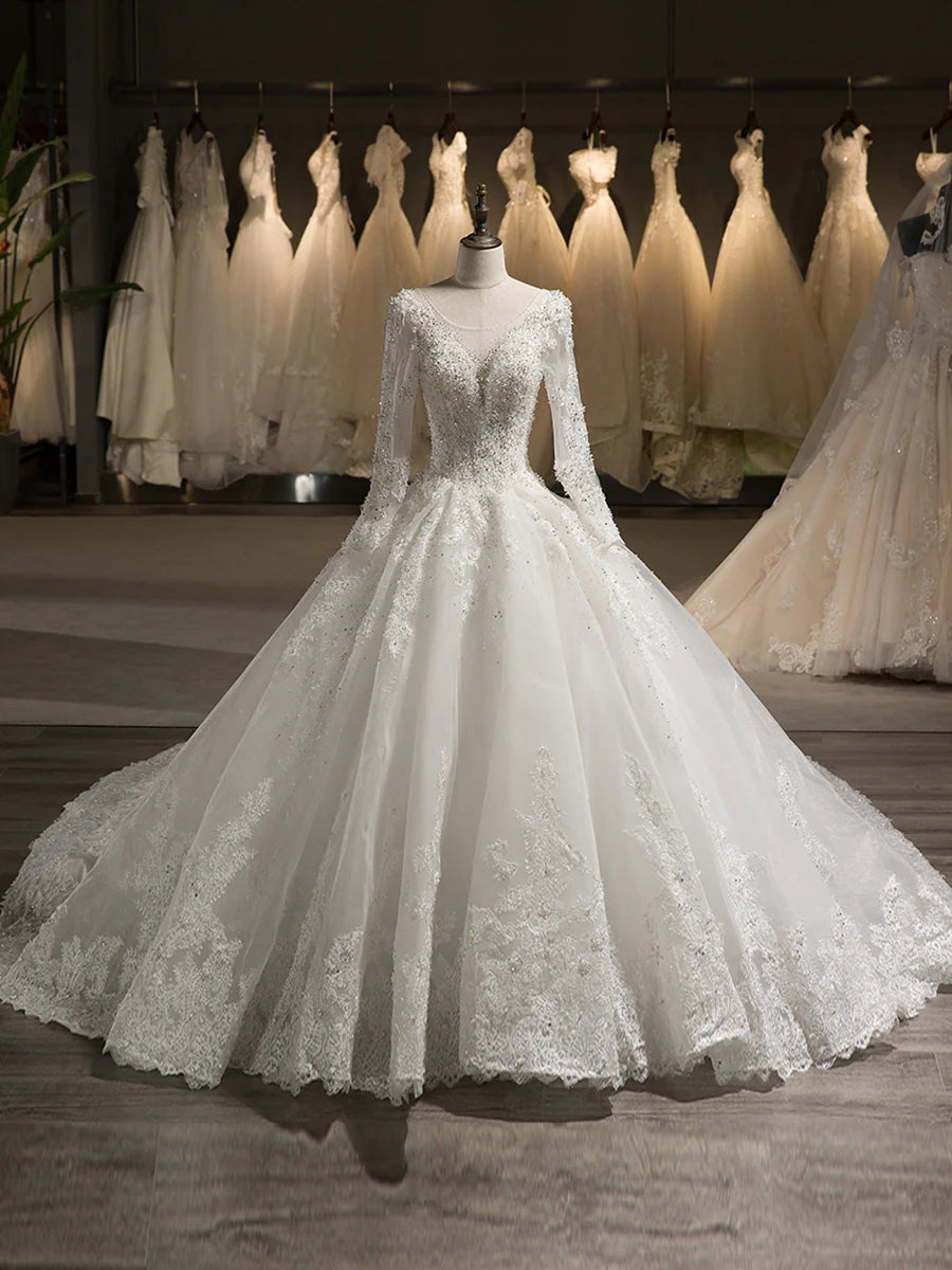 Scoop Long Sleeves Tulle Applique With Beading Chapel Train Ball Gown Wedding Dresses A-line Wedding Gown