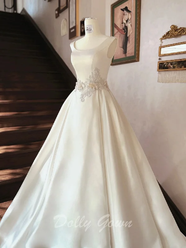 Simple Boat Neck Satin Ball Gown Wedding Dress Lace Train Dress