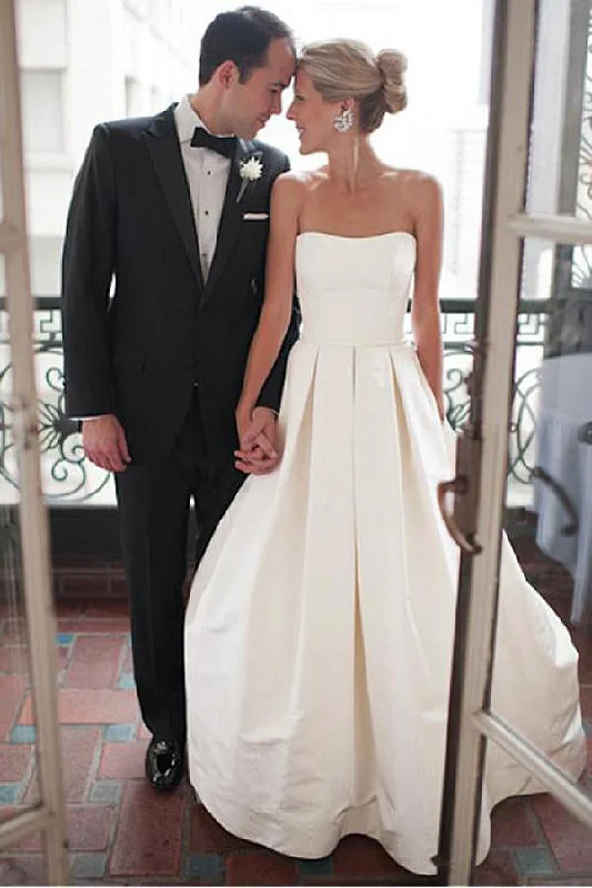 Elegant Ivory A-line Strapless Long Satin Wedding Dress Bridal Dress Long Sleeve Gown