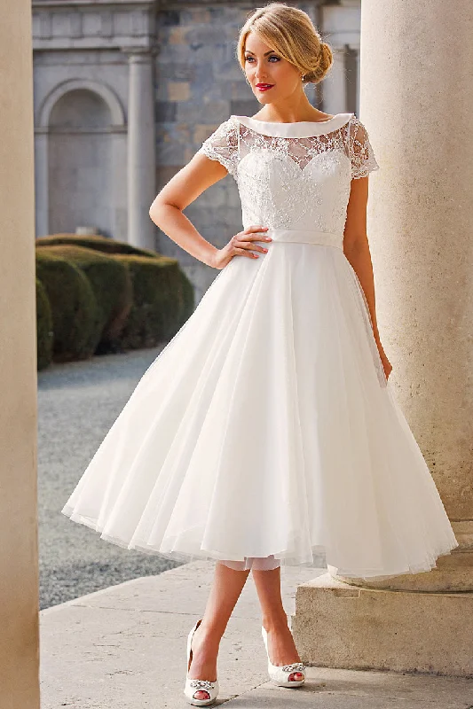 Tea-Length A-Line Cap Sleeve Beaded Bateau Neck Tulle Wedding Dress-MK_705906 Satin Lace Gown