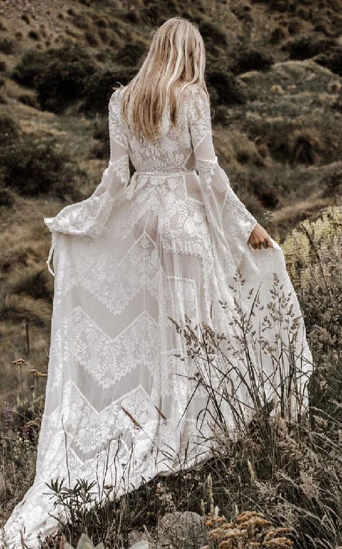 Bohemian Lace V-neck A-Line Wedding Dress Simple Casual Sexy Adorable Country With Illusion Back And Illusion Long Sleeves-716742 Beautiful Lace Gown