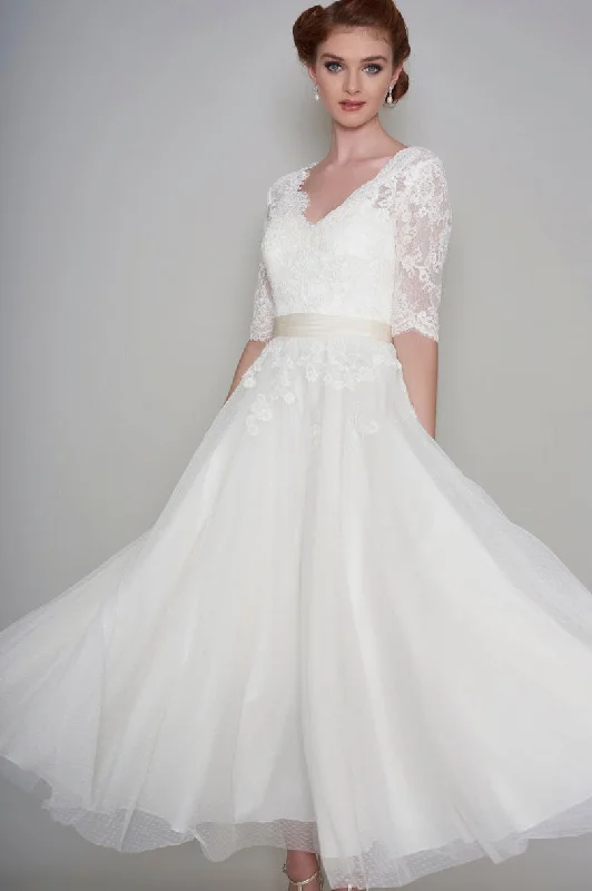 Vintage Lace And Organza Half Sleeve Ankle Length Bridal Gown With Appliques-715760 Princess Bridal Dress