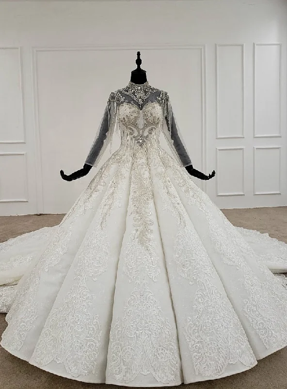 White Ball Gown Lace Appliques High Neck Beading Crystal Wedding Dress Beaded Lace Wedding