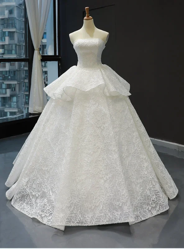 White Ball Gown Lace Sequins Strapless Sleeveless Wedding Dress Empire Waist Gown