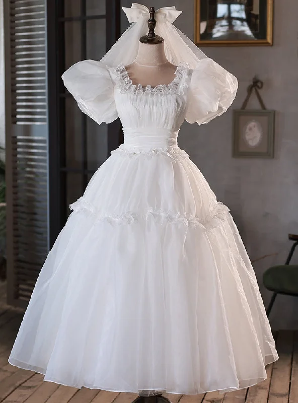 White Tulle Puff Sleeve Pleats Wedding Dress Elegant A-line Gown