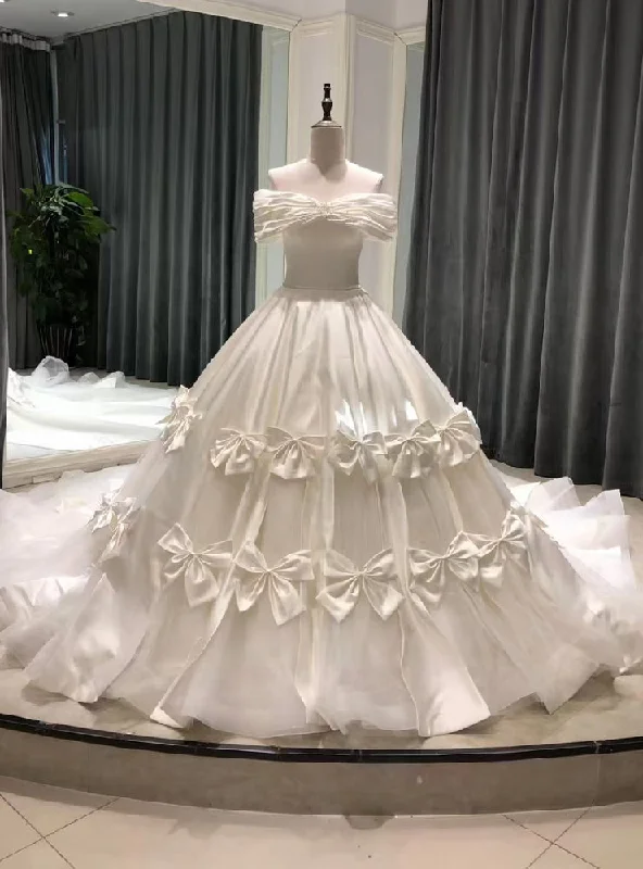 White Tulle Satin Off the Shoulder Wedding Dress Full Skirt Wedding