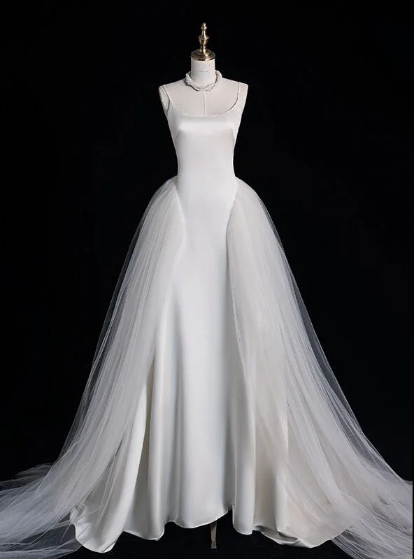 White Tulle Satin Spaghetti Straps Bridas Wedding Dress Beautiful Bridal Gown