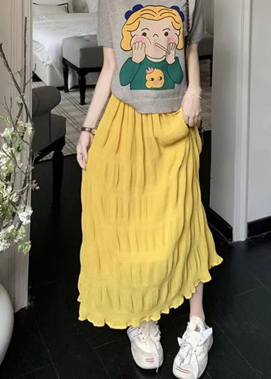 Fashion Yellow Elastic Waist Wrinkled Cotton Skirt Summer Formal unclassified skirts