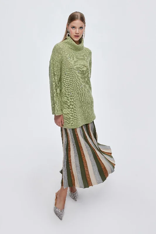 Lurex Pleated Knitted Skirt Khaki Green Elegant evening unclassified skirts