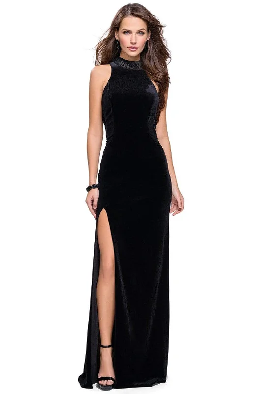 La Femme - 25559 High Neckline Velvet Fitted Gown with Side Slit Best party dresses for wedding guests