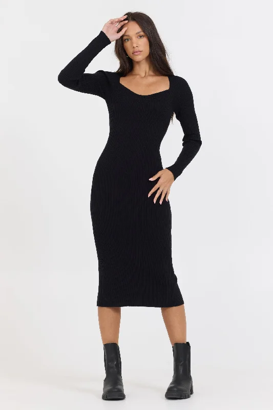 Black Fitted Rib Knit Midi Dress Sexy midi dresses