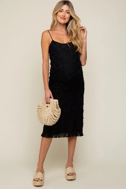 Black Fringe Mesh Maternity Midi Dress Satin midi dresses