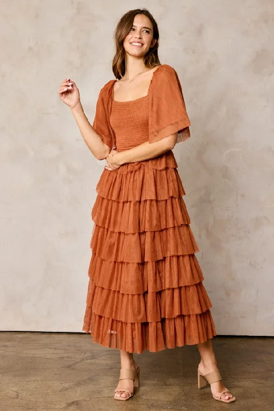 Camel Tulle Smocked Square Neck Tiered Midi Dress Strapless midi dresses