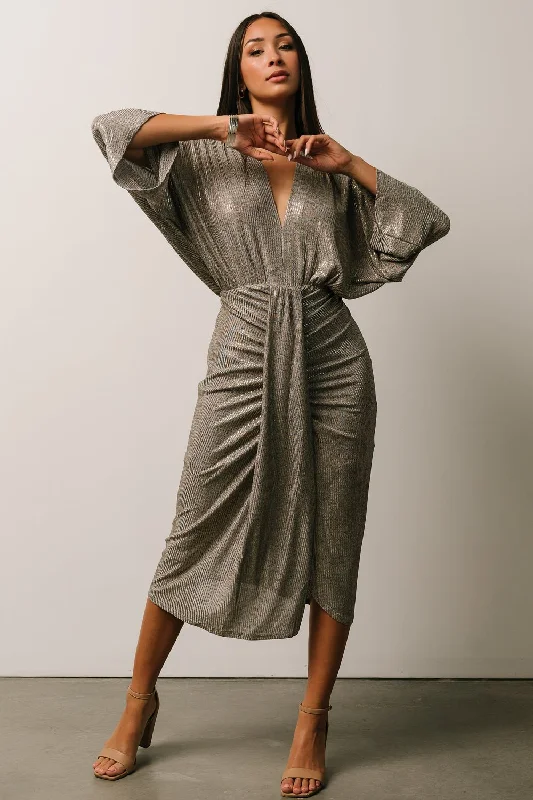 Ciara Ruched Midi Dress | Silver Metallic Fall midi dresses