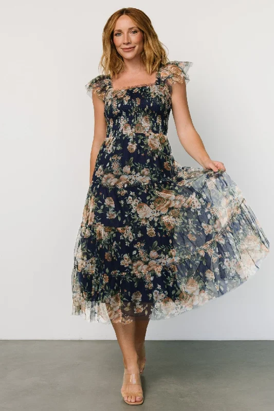 Clementine Tulle Midi Dress | Blue + Golden Floral Best midi dresses for curvy figures