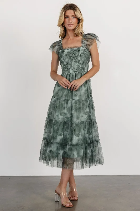 Clementine Tulle Midi Dress | Dusty Green Print Cute floral print midi dresses