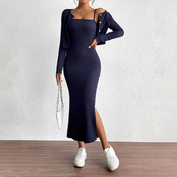 European style Elegant Fashion Long sleeve Top+Split dress 2 pcs set Elegant maxi dresses