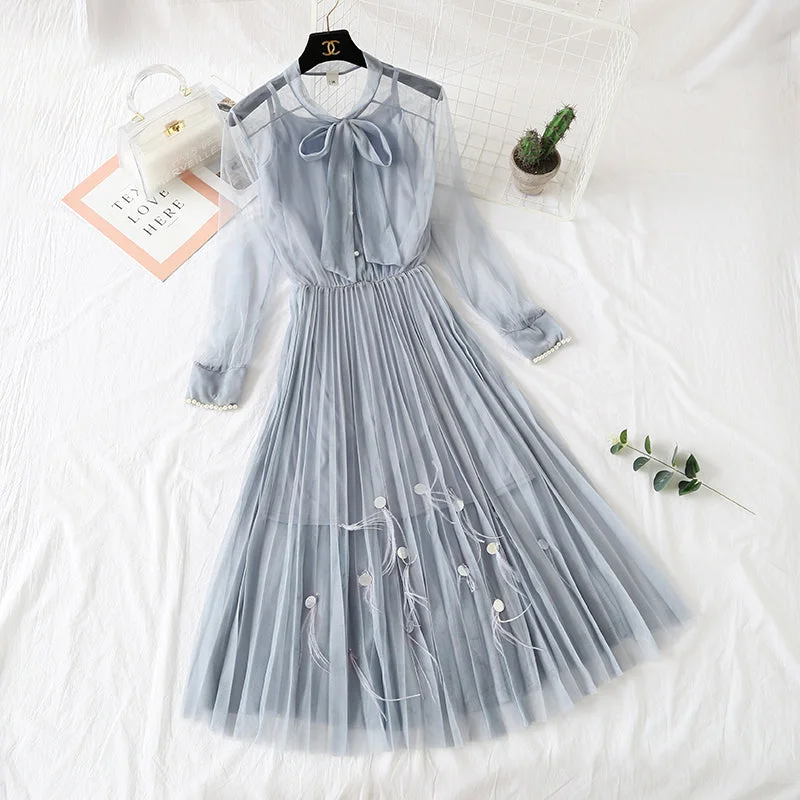 Gauze dress feather nail bead long sleeve sling  4311 Wedding guest maxi dresses