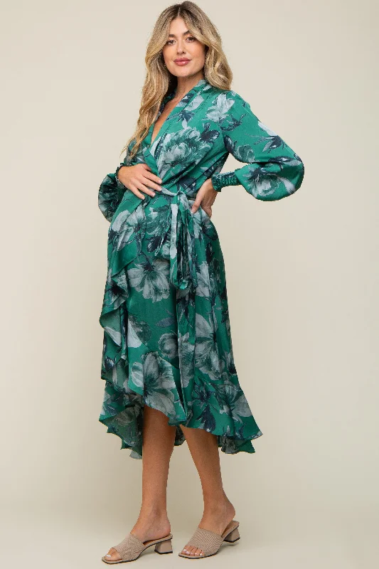 Green Satin Asymmetrical Flounce Trim Maternity Midi Dress Cocktail midi dresses