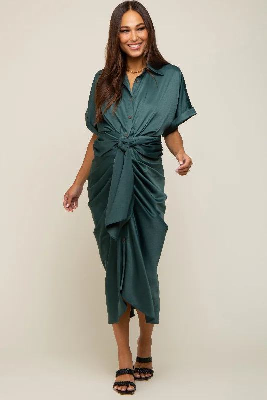 Green Satin Button Down Gathered Maternity Midi Dress Summer midi dresses