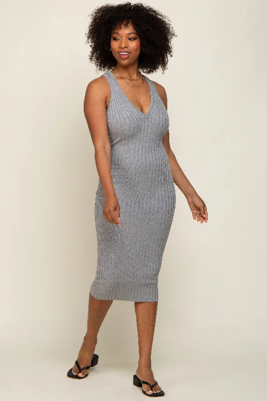 Heather Grey Ribbed Knit Fitted V-Neck Midi Dress Trendy midi dresses under $50