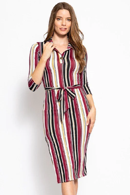 Stripes Print, Midi Tee Dress With 3/4 Sleeves, Collared V Neckline, Decorative Button, Matching Belt And A Side Slit Shein midi dresses