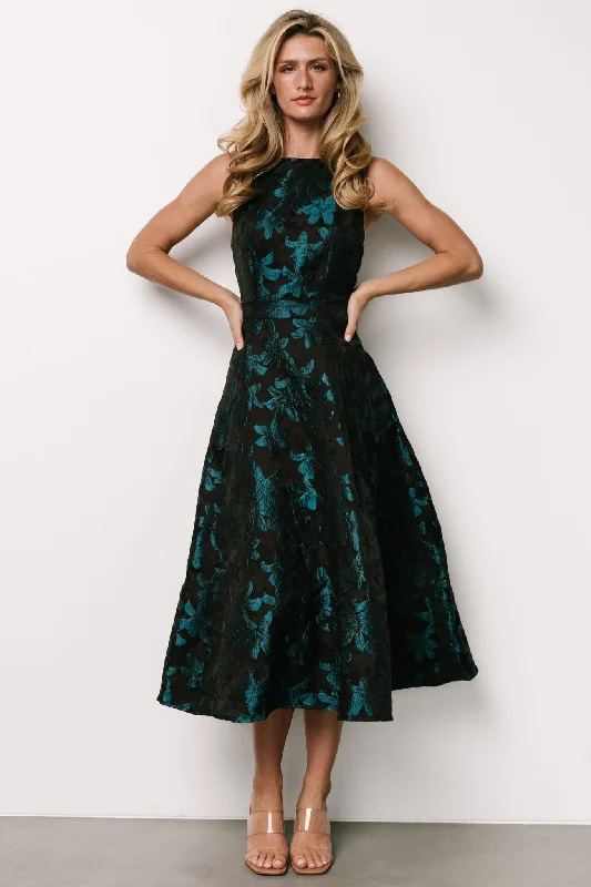 Maren Embossed Midi Dress | Black + Teal Floral Denim midi dresses