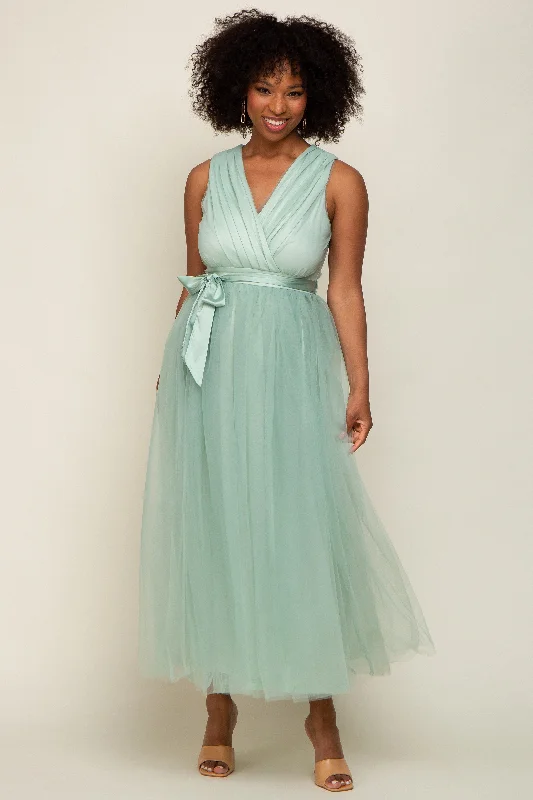 Mint Green Wrap V-Neck Waist Tie Tulle Midi Dress Flattering midi dresses for all body types