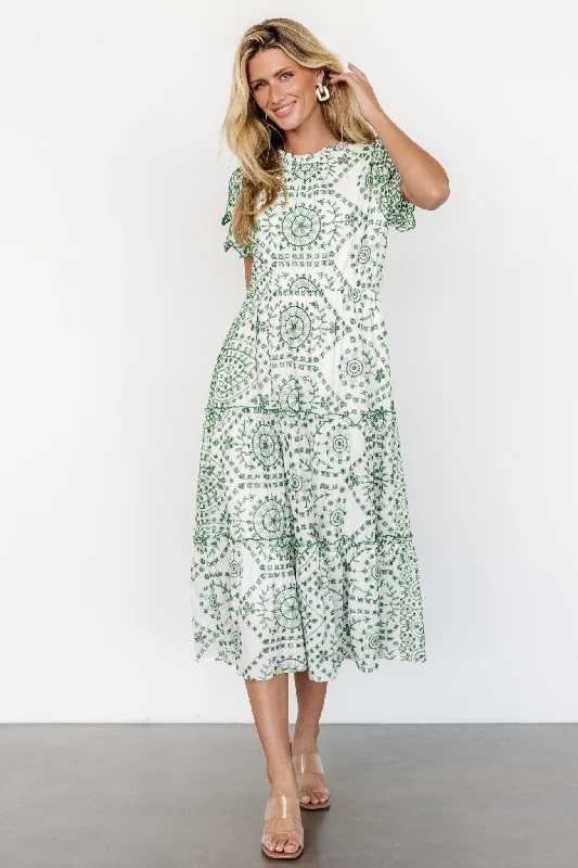 Mirabel Eyelet Midi Dress | White + Green Edgy midi dresses