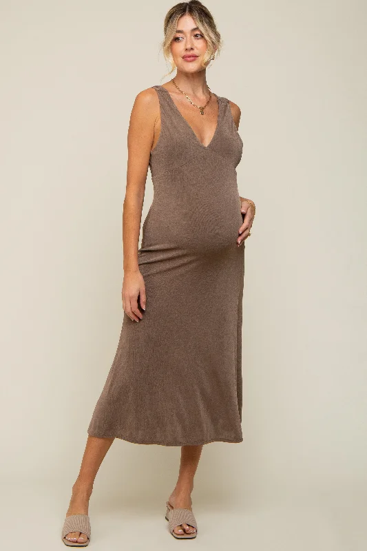 Mocha A-Line Draped Back Maternity Midi Dress Tiered midi dresses