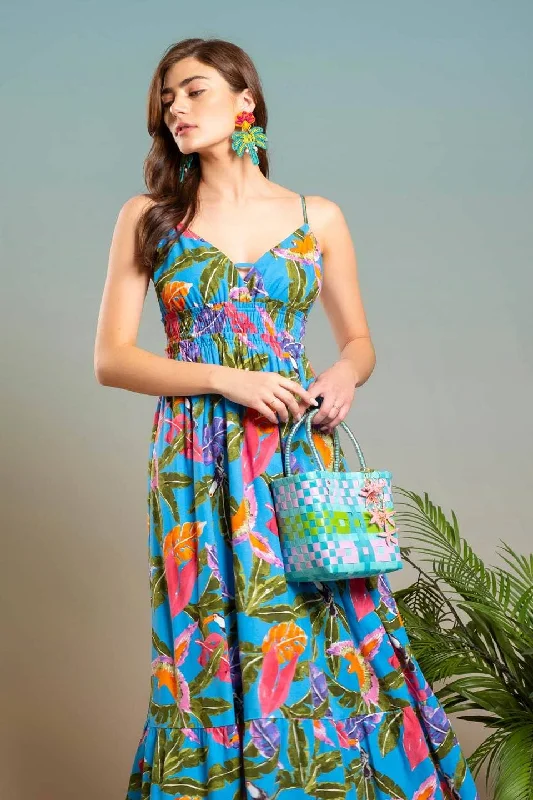 Tropical Print V Neck Midi Dress in Blue Multi Affordable midi dresses